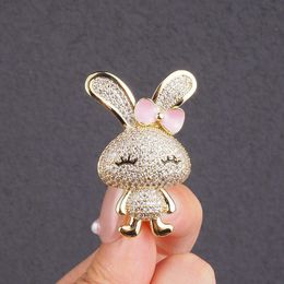 Pins Brooches Women's white crystal cute bowknot rabbit women's luxury gold Colour zircon alloy animal brooch safety pin G230529