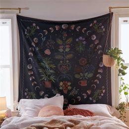 Tapestries Moon Phase Tapestry Wall Hanging Botanical Floral Hippie Flower Carpets Dorm Decor Starry SkyCarpet 230531