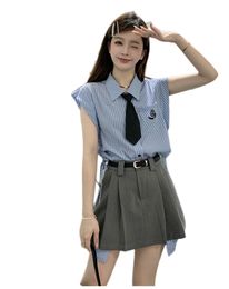 Women's college preppy style stripe print blouse and pleated high waist skirt twinset 2 pc dress suit SML