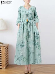 Dresses Zanzea Fashion 3/4 Sleeve Dress Women 2023 Bohemian Floral Printed Long Vestidos Vintage Pocket Belted Maxi Robes V Neck Dresses