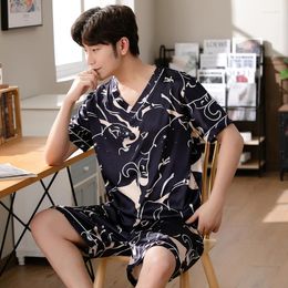 Men's Sleepwear 2023 Summer Short Sleeve V-neck Silk Satin Print Pyjama Set For Men Korean Cute Suit Male Pyjama Homewear Home Clothes