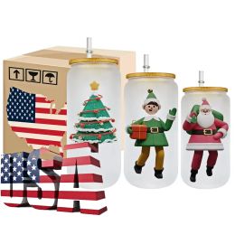 USA CA STOCK 16oz DIY Blank Sublimation Beer Glass Mugs Cans with bamboo lid and plastic straw Can Shaped Water Bottle for sublimation printing