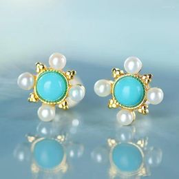 Stud Earrings S925 Silver Gold Plated Turquoise Pearl Round Hoop Women's Exaggerated