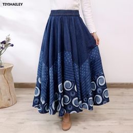 skirt Tiyihailey Free Shipping 2023 Long Maxi Aline Skirt Women Elastic Waist Spring Autumn Denim Jeans Vintage Big Hem Skirt Print