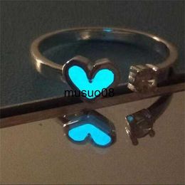 Band Rings Couple Luminous Ring Men Women Adjustable Heart-shaped Love Ring Glow In Dark Blue Light Fashion Rings Wedding Jewelry Gift J230602