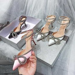 Sandals Summer New Fashion Rhinestone Fine Heel Sandals Women Cute Pointed Crystal Fairy Wind Pink Bow Tie Diamond High Heels 230417