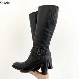 Sukeia New Arrival Women Winter Knee Boots Black Chunky Heeled Boots Round Toe Black Casual Shoes Ladies Plus US Size 5-20