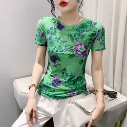 T-Shirt Summer Printed Flower Mesh O-Neck Short Sleeve Green Top Women's Elastic Ultra Thin Fairy T-shirt P230602