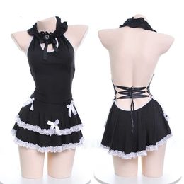 Sexy Set Japanese Sweet Lolita Cute Lace Bow Sleepwear Halter Backless Maid Dress Gothic Female up Pyjamas Night skirt Lingerie 230426