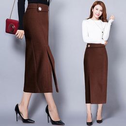 Capris Tingyili Autumn Winter Woollen Pencil Skirt High Waist Vintage Split Skirts Womens Korean Coffee Black Warm Maxi Skirt