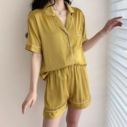 Women's Sleepwear Yellow Satin Sweet Girl Pajamas Set Summer Pyjamas Short Sleeve Shirt&Shorts Suit Casual Home Clothes Lingerie