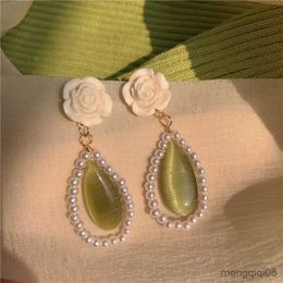 Stud Elegant White Rose Flower Water Drop Earrings For Women Green Pearl Tassel Dangle Earring New Party Jewellery