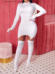 Party Dresses OMSJ Fashion Street Party Wear Y2k Solid Colour Sexy Crew Neck Female Long Sleeve Zipper Skinny Mini Dresses+Socks Casual Outfits T230602