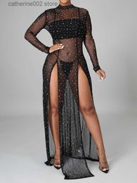 Party Dresses Sexy Resort Beach Mesh Dress Black White Elastic Round Collar Long Sleeves Sparkling Sequins See Through Basic Slit Long Dresses T230602