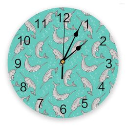 Wall Clocks Narwhal Grey On Green Fashion Clock Living Room Bedroom Hanging Table Silent Children Home Decor