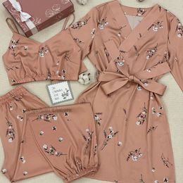 Womens abbigliamento da sonno in cotone con stampa fiore di pigiama set abito abito di seta raso reggiseno pijama abito vneck cami noties nightdress home nightdress 3pc 230601