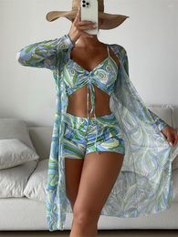 Women's Swimwear Sexy Mesh Long Sleeve Bikini 3 Sets Women Print Green Swimsuit Brazilian Shorts High Waist Bathing Suit Pad Pleated