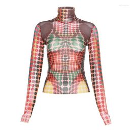 Women's T Shirts Women Mesh Sweatshirt Colorful 3D Polka Dot Print Long Sleeve Turtleneck Transparent Crop Top Summer Sexy Streetwear Club