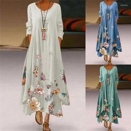 Casual Dresses 2023 Summer Floral Print Long Sleeve Women O Neck Buttons Irregular Hem Maxi Dress Loose Party Vestidos