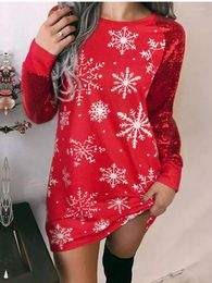 Casual Dresses Autumn Winter Women Print Dress Christmas Snowflake Loose O Neck Long Sleeve Mini Streetwear For Robe Femme 2023