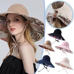 Wide Brim Hats Two Sides Summer Women Bucket Hat Large Plant Printing Cotton Sun Empty Top Light Breathable Outdoor Travel Beach Cap