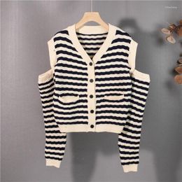 Women's Knits 2023 Autumn Winter Women Striped Knitted Cardigan Top Retro Two-Wear Korean Sexy V-Neck Off Shoulder All-Match Short Sweater