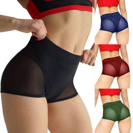 Women's Shorts Women High Waist Elastic Waistband See-through Mesh Patchwork Stretchy Sport Shorts for yoga gym dance 230602