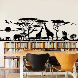 Large Safari Africa Jungle Forest Giraffe Wall Sticker Nursery Kids Room Sun Elephant Animal Bird Tree Wall Decal Bedroom Vinyl