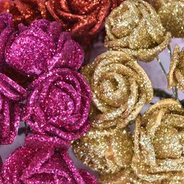 Garden Decorations 1036Pcs Glitter Rose Red Pink Gold Artificial Foam Flower Bouquet Bride Party Wedding Decoration Fake 230601