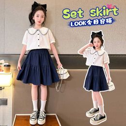 Girls' Doll Neck 2023 New Children's Short Sleeve Pleated Skirt Fashionable Two Piece Set Sporty Summer Dress