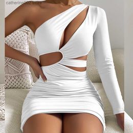 Party Dresses Fairyshely Sexy Tight Evening Mini Dress 2022 Hollow Out Dress One Shoulder Long Sleeve Bodycon White Dresses For Woman T230602