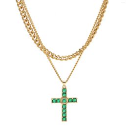 Chains Green Zircon Cross Pendant Necklace For Women Multilayer Stainless Steel Cuba Chain Choker Jewellery Party Gift