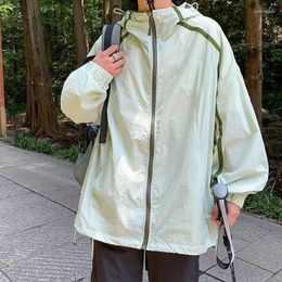 Men's Jackets Mint Green Men's Jacket Youth Patchwork Zip Summer Sunscreen Clothing Ice Silk Quick Drying Hooded Coat Korean Fashion