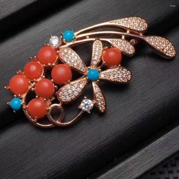 Body Jewellery Natural Red Coral Elegant Grace Sweet Clusters Brooch Pendant Gemstone S925 Silver Women Girl Gift Fine