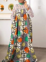 Dress Summer Lace Patchwork Maxi Dress Vonda 2023 Women Long Sleeve Holiday Vintage Printed Party Dress Pleated Maxi Sundress Baggy