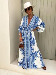 Dresses Bohemian Print Long Dress Tunic Plus Size Drawstring Long Kimono Women Party Holiday Beach Wear Swim Suit Maxi Dresses A1632