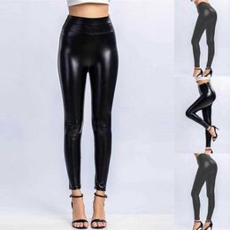 Women's Pants Capris Artificial leather long leg tight high waist polyester elastic comfortable women's winter pleated pants P230602
