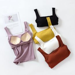 Yoga Outfit Fashion Women's Ribbed Knit Crop Top With Chest Pad One-Piece Square Neck Sleeveless Tank Vest