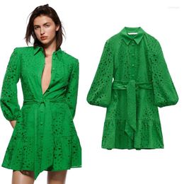 Casual Dresses 2023 Style Elegant Bow Belt Cutout Woman Long Sleeves Ladies Summer Short Dress Green Embroidered