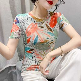 T-Shirt 2023 Summer Printed Mesh Girl O-Neck Short Sleeve Slim Fit Simple Top Women's High Elastic T-shirt P230602