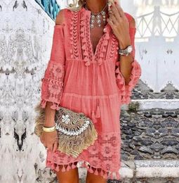 Casual Dresses Sexy Women's Shift Dress Long Sleeve Tassel Fringe Lace Robe Strapless Deep V-Neck Female Summer Boho Vacation