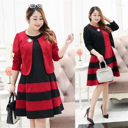 Casual Dresses 6XL 2023 Women's Suit Jacket Striped Dress 2 Sets Of Loose Long-Sleeved Round Neck Vest Ladies