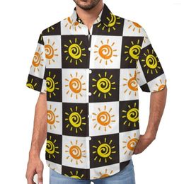 Men's Casual Shirts Drawn Sun Blouses Man Black White Checkerboard Hawaii Short-Sleeved Graphic Trendy Oversized Beach Shirt Gift