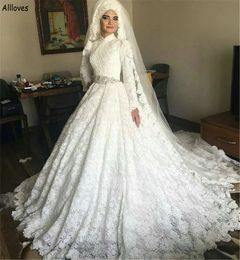 Muslim Wedding Dresses Ball Gown Middle East Long Sleeved Elegant Lace Formal Dubai Arabic Bridal Gowns High Collar Plus Size Princess Ceremony Vestidos CL2344