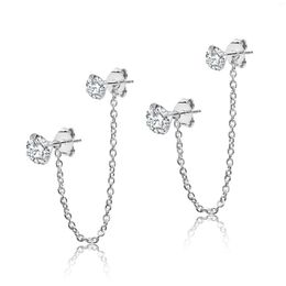 Stud Earrings WKOUD Stainless Steel Cubic Zirconia Studs 6mm&4mm Chain Double Piercing With Removable Hole Drop Dangle