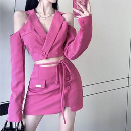 Two Piece Dress Korean Fashion Chic Blazer Skirt Set Girls Sexy Strapless Suit Long Sleeve Short Jacket Mini Party Club Streetwear