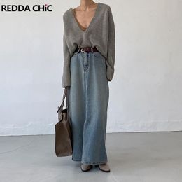 Dresses Reddachic Woman Denim Skirt Long Tall Girl Friendly Casual Plain Vintage Y2k Midi Skirt Front Split Minimalist Korean Streetwear