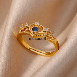 Band Rings Blue Zircon Crown Rings For Women Stainless Steel Adjustable Crown Ring 2023 Trend Design Female Wedding Jewerly Free Shipping J230602