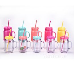 20oz Double layer plastic straw Tumblers Solid Colour plastics Mason cup with handle 16 Colour Creative High Capacity Water Cups T9I002328