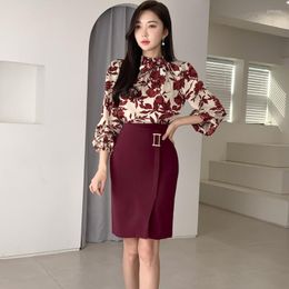 Work Dresses Spring Elegant Skirt Sets Women Korean Fashion Print Lace Up Long Sleeve Tops Slim Waist Bodycon Skirts Two Piece Set